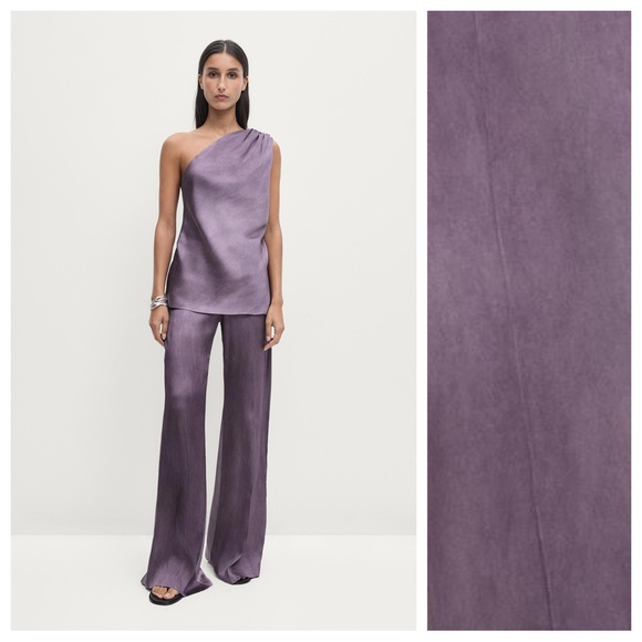 NWT. Massimo Dutti Mauve/Purple Satin Top with Tie Detail. Size M. - Picture 1 of 13